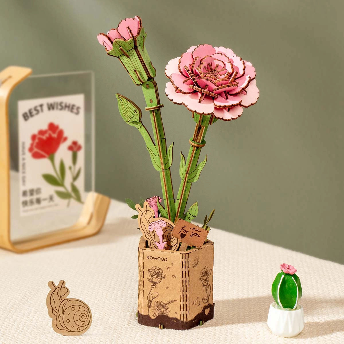 Rolife DIY Wooden Flower Pink Carnation TW051